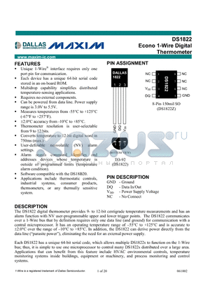 DS1822 datasheet - Econo 1-Wire Digital Thermometer
