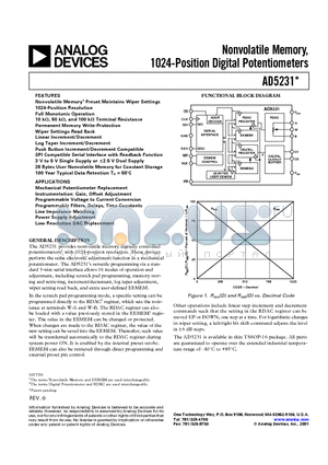 AD5231BRU100-REEL7 datasheet - Nonvolatile Memory, 1024-Position Digital Potentiometers