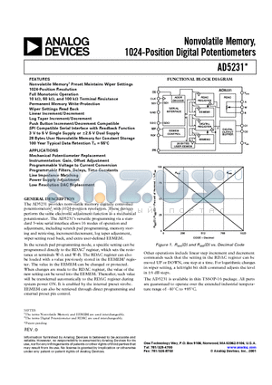 AD5231BRU50 datasheet - Nonvolatile Memory, 1024-Position Digital Potentiometers