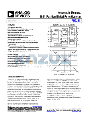 AD5231BRUZ10 datasheet - Nonvolatile Memory, 1024-Position Digital Potentiometer