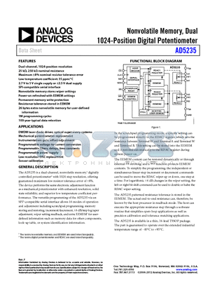 AD5235BRUZ250 datasheet - Nonvolatile Memory, Dual 1024-Position Digital Potentiometer