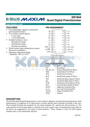 DS1844 datasheet - Quad Digital Potentiometer