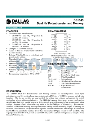 DS1845B-010 datasheet - Dual NV Potentiometer and Memory