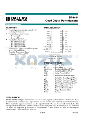 DS1844-050 datasheet - Quad Digital Potentiometer