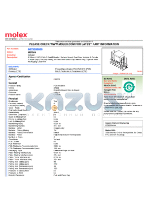 87920-0830 datasheet - 2.54mm (.100) Pitch C-Grid^ Header, Surface Mount, Dual Row, Vertical, 8 Circuits, 2.50lm (98l) Tin (Sn) Plating, with Pick-and-Place Cap