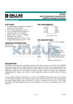 DS1851 datasheet - Dual Temperature-Controlled NV Digital-to-Analog Converters
