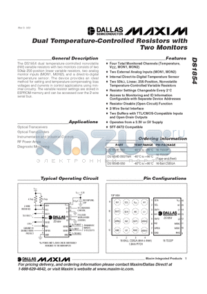 DS1854B-050 datasheet - Dual Temperature-Controlled Resistors with Two Monitors