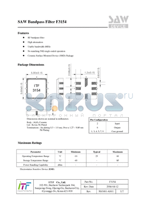 F3154 datasheet - SAW Bandpass Filter