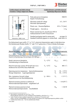 5KP26A datasheet - Unidirectional and bidirectional Transient Voltage Suppressor Diodes