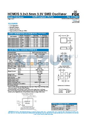 F330 datasheet - HCMOS 3.2x2.5mm 3.3V SMD Oscillator