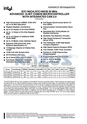 87C196 datasheet - ADVANCED 16-BIT CHMOS MICROCONTROLLER WITH INTEGRATED CAN 2.0