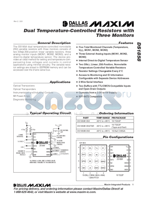 DS1858E-050/R datasheet - Dual Temperature-Controlled Resistors with Three Monitors