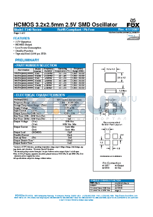 F340 datasheet - HCMOS 3.2x2.5mm 2.5V SMD Oscillator