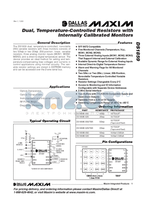 DS1859E-020/T datasheet - Dual, Temperature-Controlled Resistors with Internally Calibrated Monitors