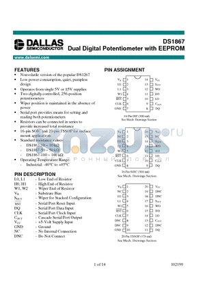 DS1867-100 datasheet - Dual Digital Potentiometer with EEPROM
