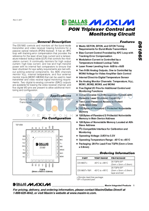 DS1865T+ datasheet - PON Triplexer Control and Monitoring Circuit