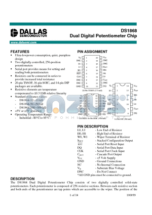 DS1868-10 datasheet - Dual Digital Potentiometer Chip