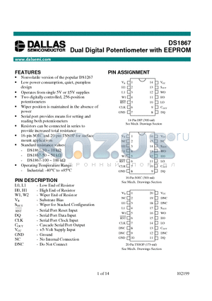 DS1867 datasheet - Dual Digital Potentiometer with EEPROM