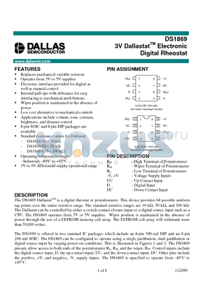 DS1869-100 datasheet - 3V Dallastat Electronic Digital Rheostat