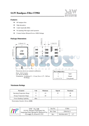 F3984 datasheet - SAW Bandpass Filter