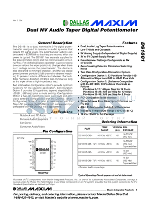 DS1881Z-045T datasheet - Dual NV Audio Taper Digital Potentiometer