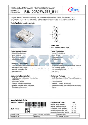 F3L100R07W2E3_B11 datasheet - EasyPACK module with Trench/Fieldstopp IGBT3 and Emitter Controlled 3 diode and PressFIT / NTC