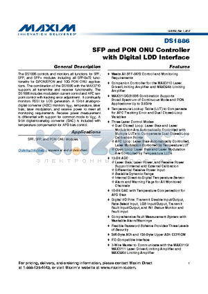 DS1886 datasheet - SFP and PON ONU Controller with Digital LDD Interface