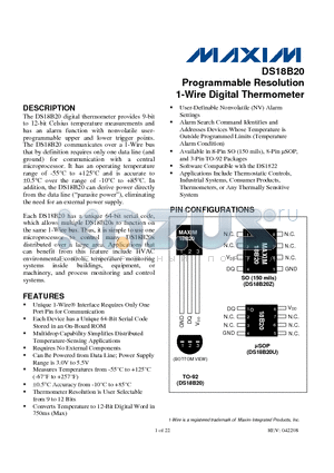 DS18B20 datasheet - 1-Wire Digital Thermometer