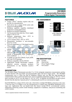 DS18B20-PAR datasheet - 1-Wire Parasite-Power Digital Thermometer