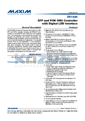 DS1886 datasheet - SFP and PON ONU Controller with Digital LDD Interface