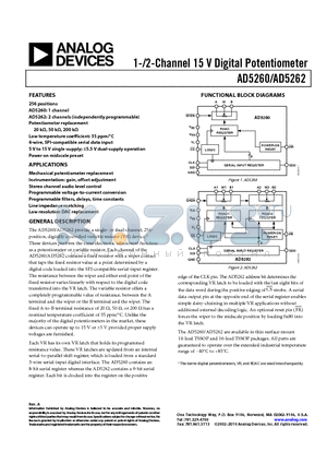 AD5262BRUZ200-RL7 datasheet - 1-/2-Channel 15 V Digital Potentiometer