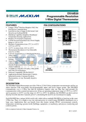 DS18B20U datasheet - Programmable Resolution 1-Wire Digital Thermometer