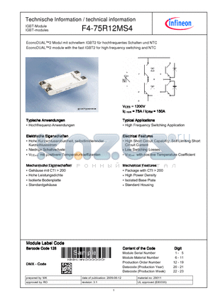 F4-75R12MS4 datasheet - EconoDUAL2 Modul mit schnellem IGBT2 fr hochfrequentes Schalten und NTC