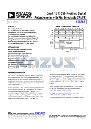 AD5263BRUZ20 datasheet - Quad, 15 V, 256-Position, Digital Potentiometer with Pin-Selectable SPI/I2C