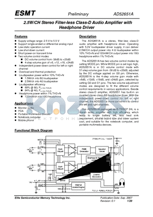 AD52651A datasheet - 2.5W/CH Stereo Filter-less Class-D Audio Amplifier with Headphone Driver