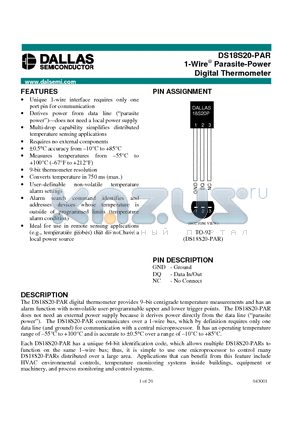 DS18S20-PAR datasheet - 1-Wire^ Parasite-Power Digital Thermometer