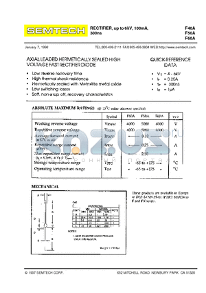 F40A datasheet - RECTIFIER, up to 6kV, 100mA, 300ns