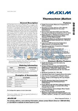 DS1921G datasheet - Thermochron iButton