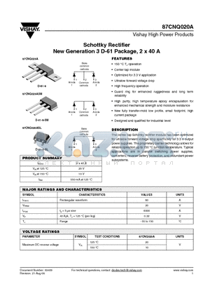 87CNQ020ASM datasheet - Schottky Rectifier New Generation 3 D-61 Package, 2 x 40 A