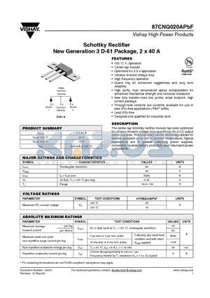 87CNQ020ASMPBF datasheet - Schottky Rectifier New Generation 3 D-61 Package, 2 x 40 A