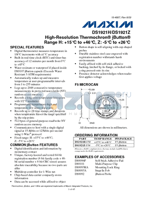 DS1921H datasheet - High-Resolution Thermochron iButton