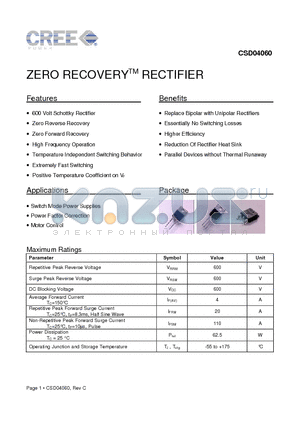 CSD04060 datasheet - ZERO RECOVERY RECTIFIER