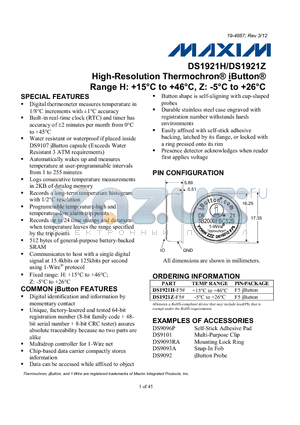 DS1921H-F5 datasheet - High-Resolution Thermochron^ iButton^ Range H: 15`C to 46`C, Z: -5`C to 26`C