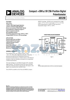 AD5290 datasheet - Compact 30V/a15V 256-Position Digital Potentiometer