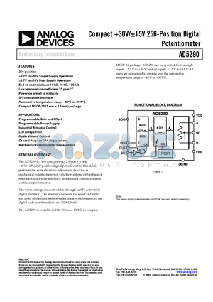 AD5290YRMZ10-RL7 datasheet - Compact 30V/a15V 256-Position Digital Potentiometer