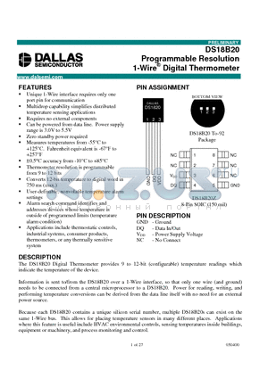 DS18B20 datasheet - Programmable Resolution 1-Wire Digital Thermometer