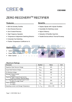 CSD10060G datasheet - ZERO RECOVERY RECTIFIER