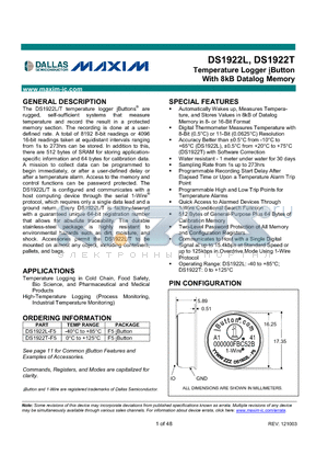 DS1922T datasheet - Temperature Logger iButton With 8kB Datalog Memory