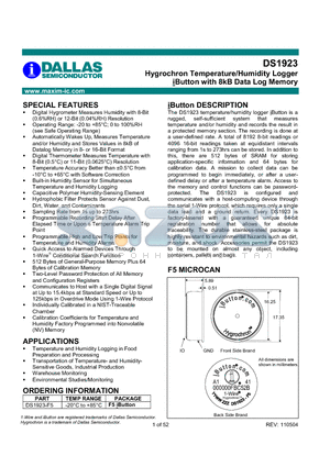 DS1923 datasheet - Hygrochron Temperature/Humidity Logger iButton with 8kB Data Log Memory