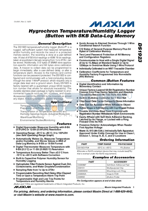 DS1923-F5 datasheet - Hygrochron Temperature/Humidity Logger iButton with 8KB Data-Log Memory